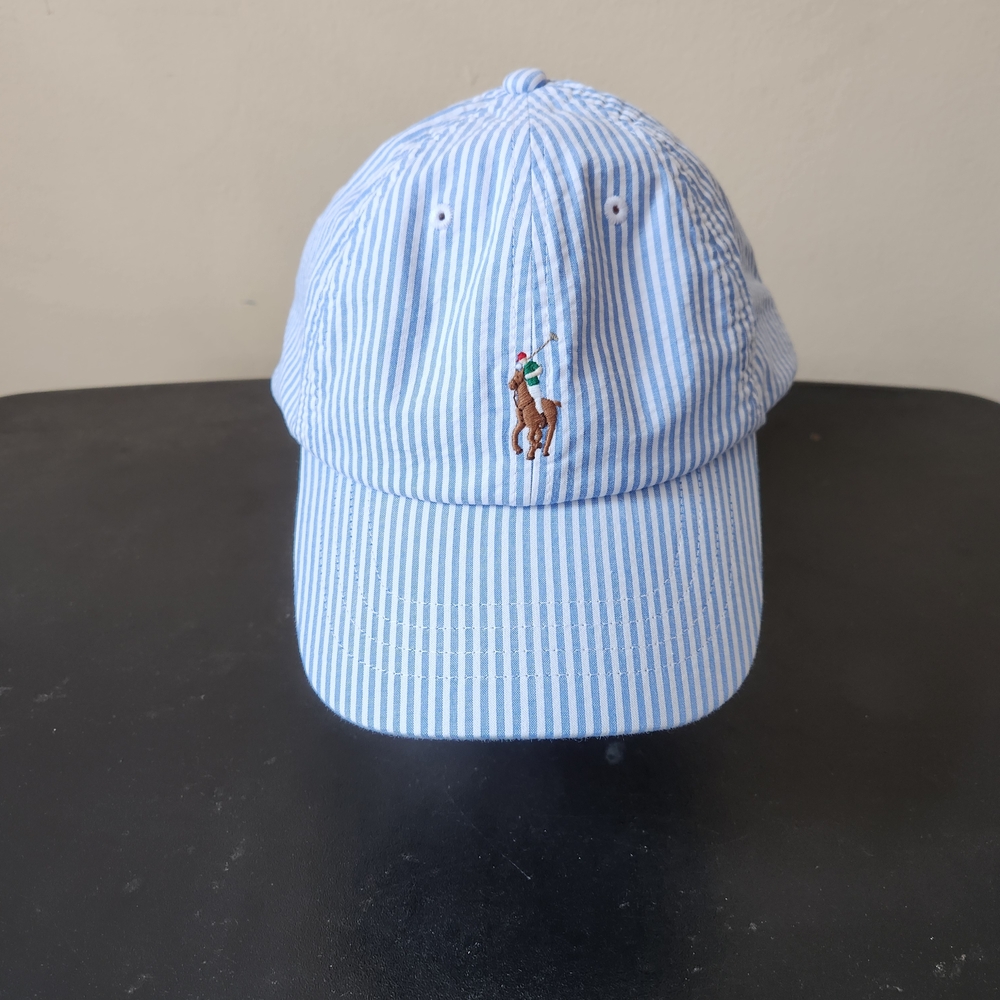 Ralph Lauren Blue and White Striped Hat with Embroidered Logo